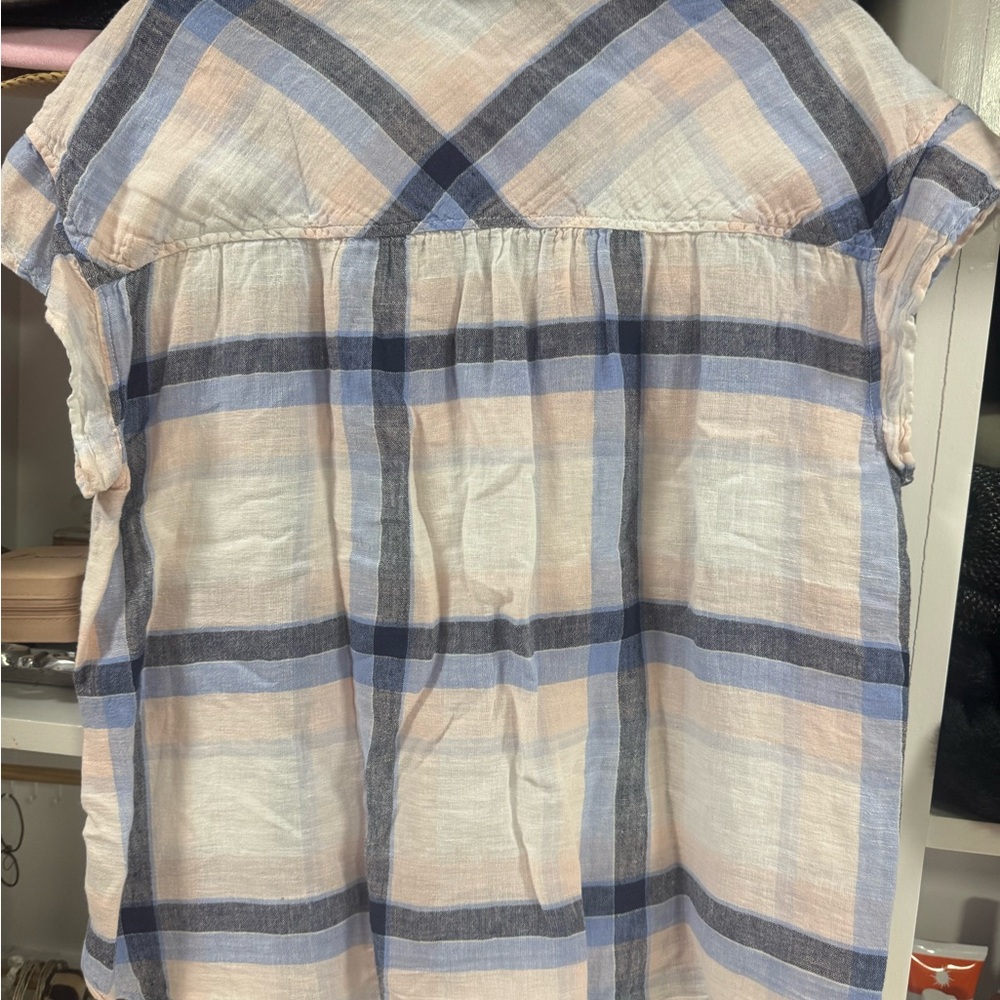 Bella Dahl Plaid Button Front Short Sleeve Blouse Soft Lightweight - Picture 3 of 4